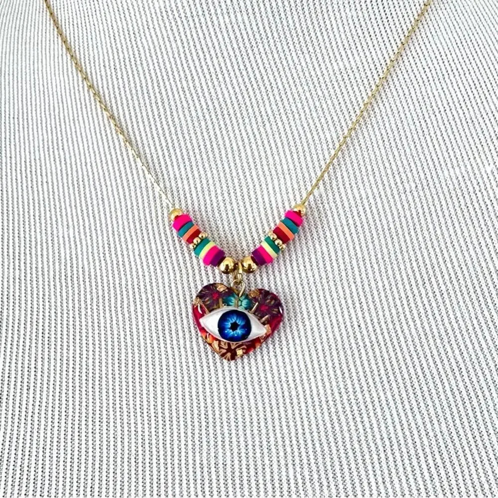 Evil Eye Heart Gold Necklace Colorful Accent